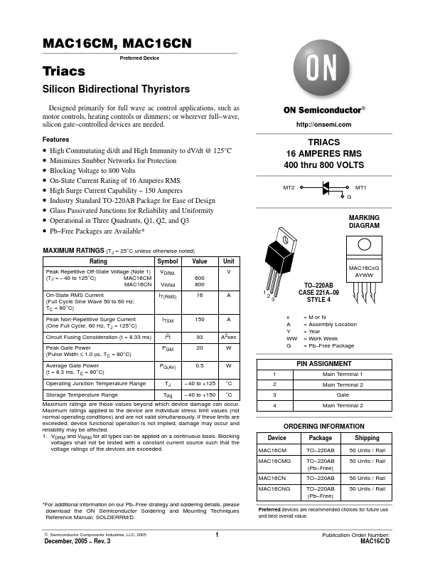 MAC16CM ON Semiconductor