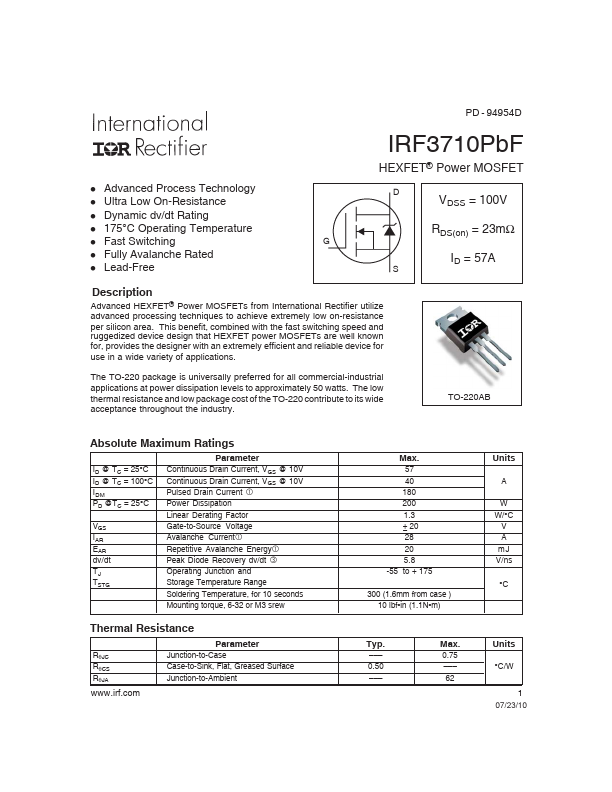 IRF3710PbF International Rectifier