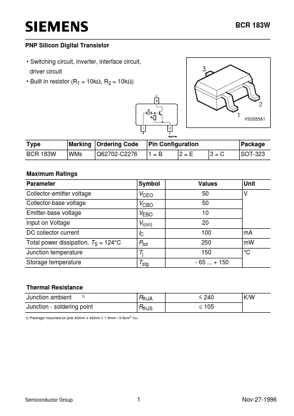 BCR183W Siemens Semiconductor Group