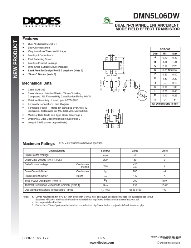 DMN5L06DW Diodes Incorporated