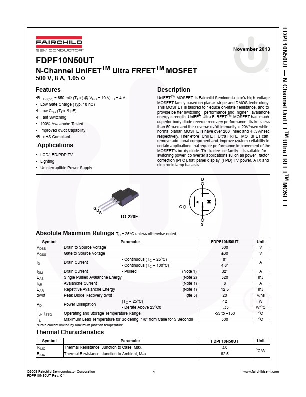 <?=FDPF10N50UT?> डेटा पत्रक पीडीएफ