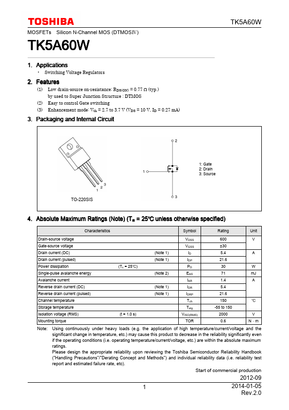 TK5A60W Toshiba Semiconductor