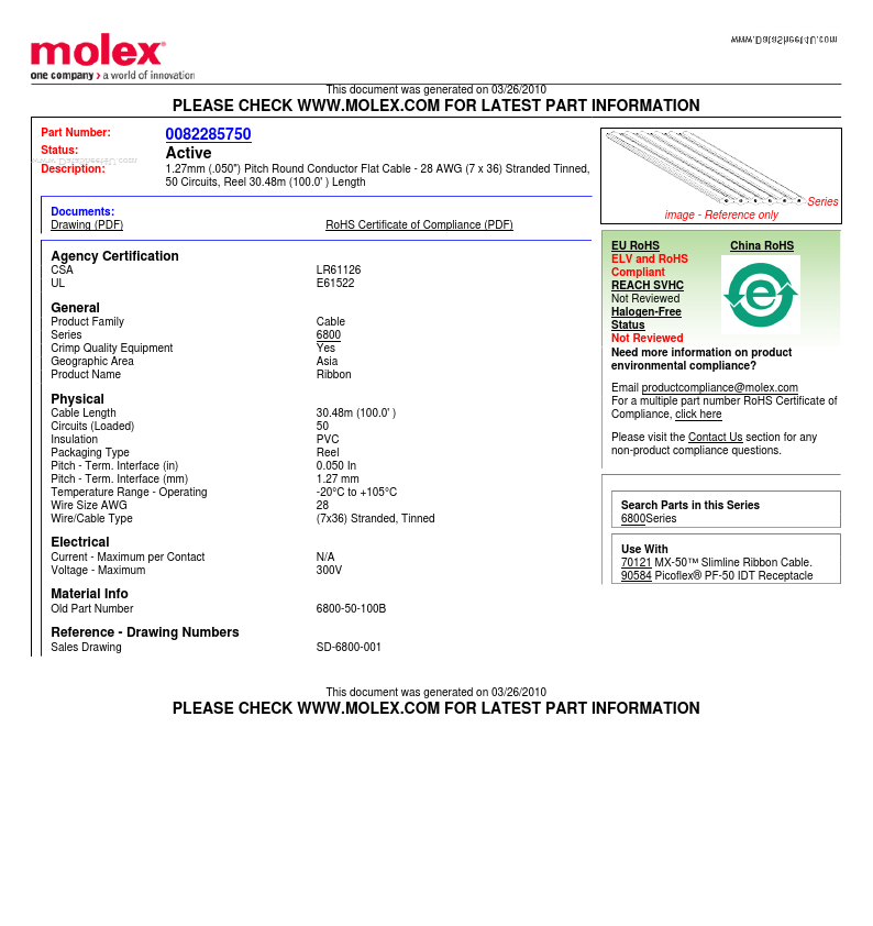 6800-50-100B Molex Electronics