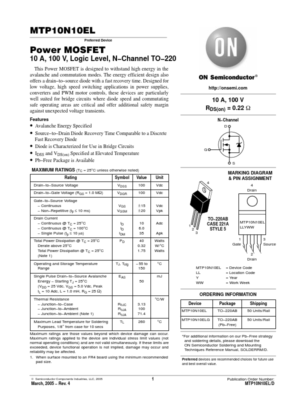 MTP10N10EL ON Semiconductor