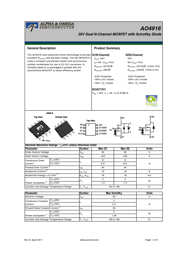 AO4916 Alpha & Omega Semiconductors