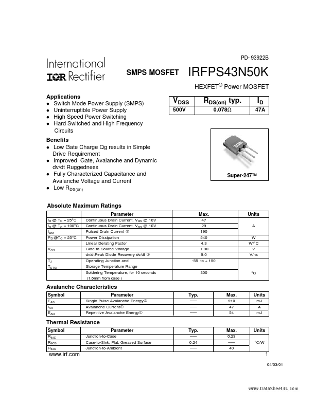 <?=IRFPS43N50K?> डेटा पत्रक पीडीएफ