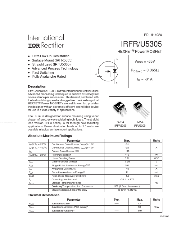<?=IRFU5305?> डेटा पत्रक पीडीएफ