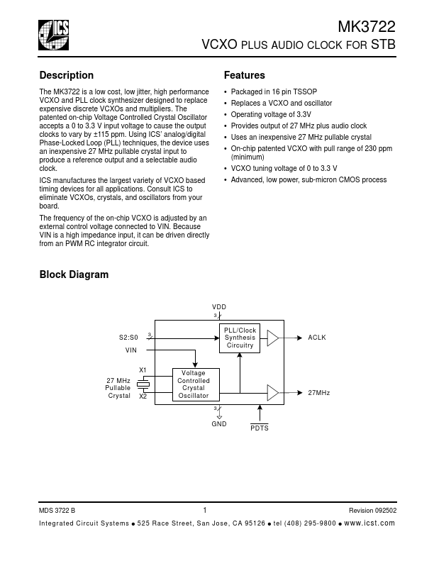 MK3722G Integrated Circuit Solution Inc