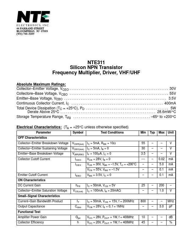 <?=NTE311?> डेटा पत्रक पीडीएफ