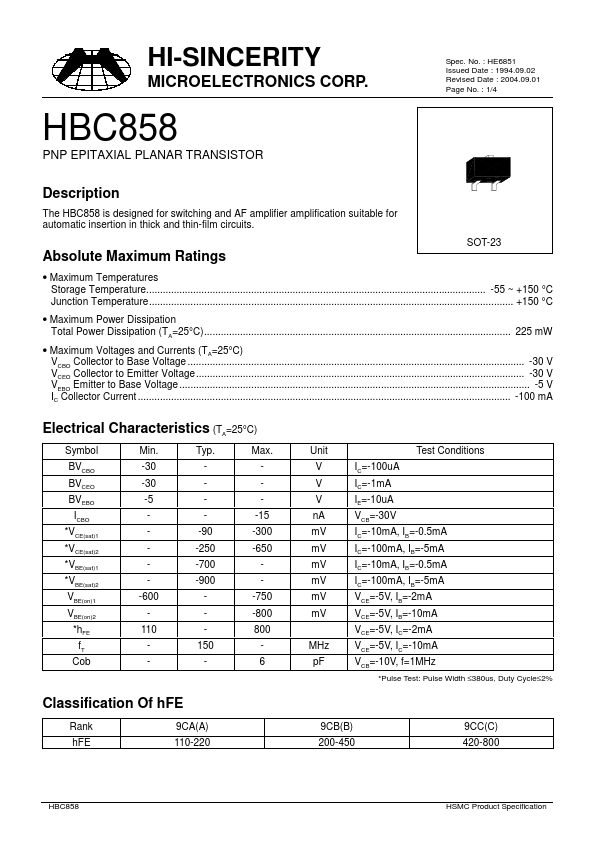 HBC858 Hi-Sincerity Mocroelectronics