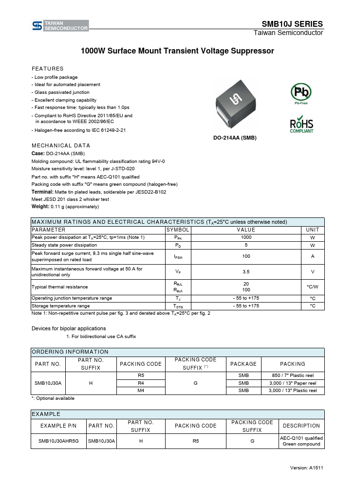 <?=SMB10J11A?> डेटा पत्रक पीडीएफ