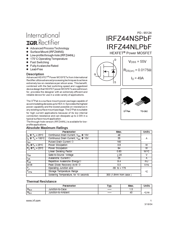 IRFZ44NLPBF International Rectifier