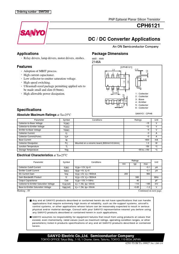 CPH6121 Sanyo Semicon Device