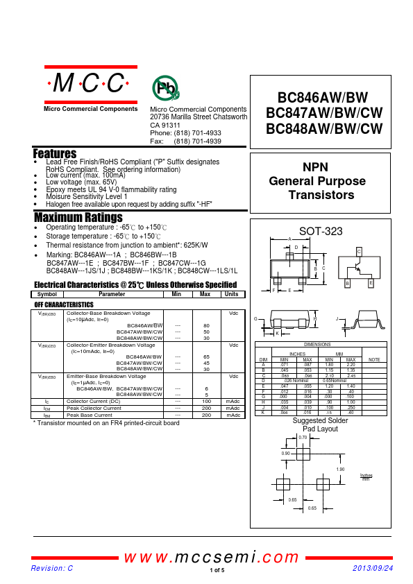 <?=BC847CW?> डेटा पत्रक पीडीएफ