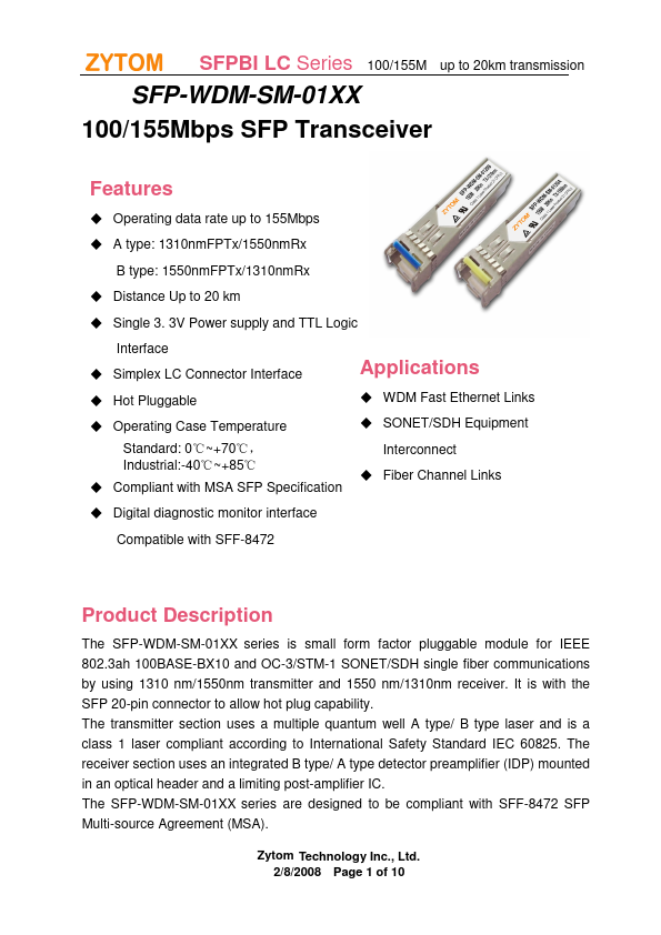 <?=SFP-WDM-SM-0120B?> डेटा पत्रक पीडीएफ