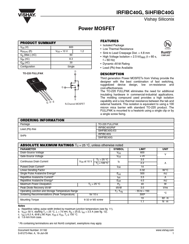 IRFIBC40G Vishay