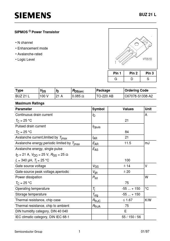 BUZ21L Siemens Semiconductor Group