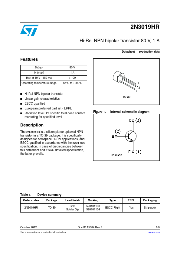 2N3019HR STMicroelectronics