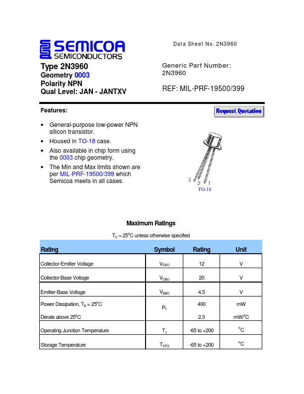 2N3960 Semicoa Semiconductor