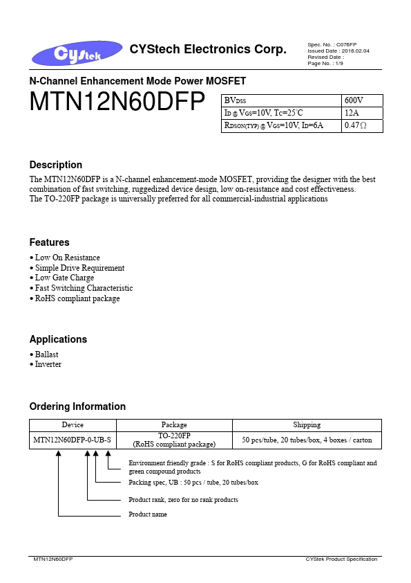 <?=MTN12N60DFP?> डेटा पत्रक पीडीएफ