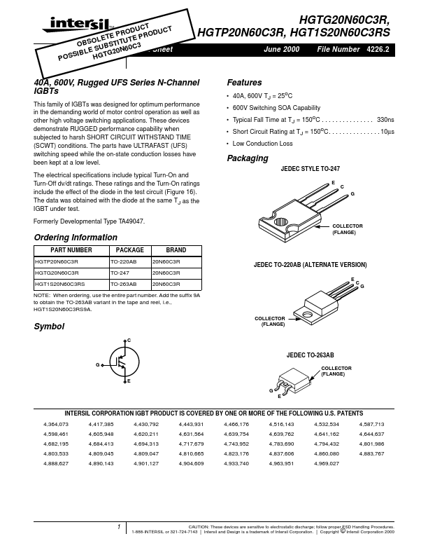 HGT1S20N60C3RS Intersil