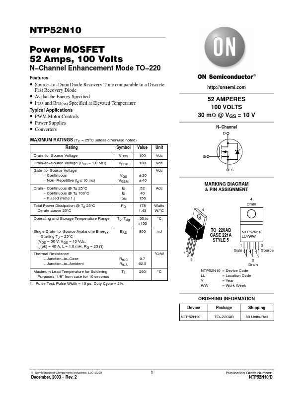 NTP52N10 ON Semiconductor