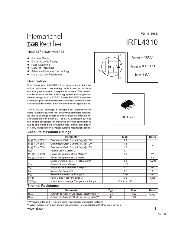 <?=IRFL4310?> डेटा पत्रक पीडीएफ