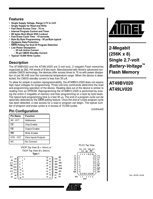 <?=AT49LV020?> डेटा पत्रक पीडीएफ