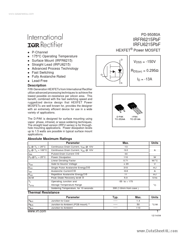 <?=IRFU6215PBF?> डेटा पत्रक पीडीएफ
