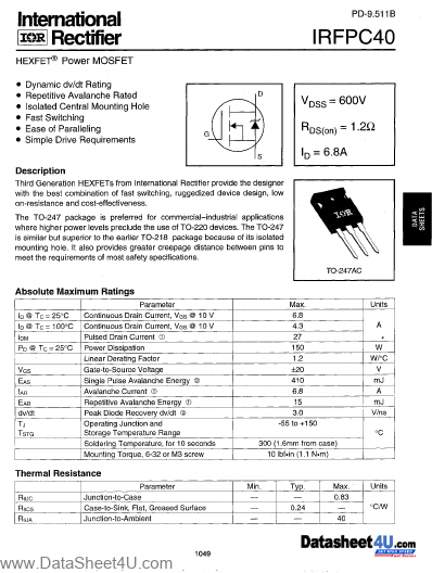 <?=IRFPC40?> डेटा पत्रक पीडीएफ