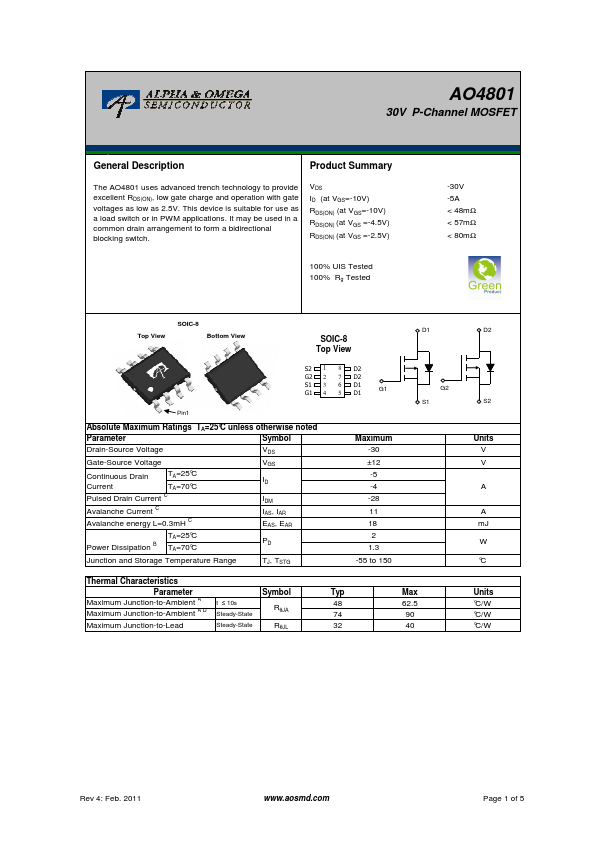 AO4801 Alpha & Omega Semiconductors