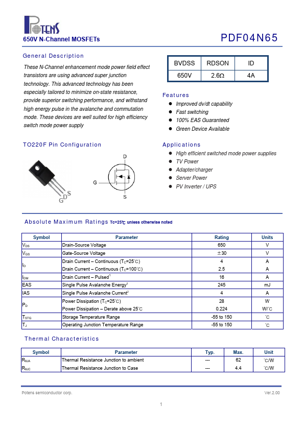 PDF04N65 Potens semiconductor
