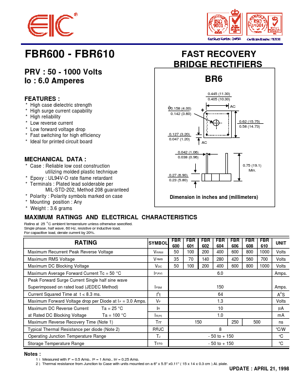 FBR608 EIC discrete Semiconductors