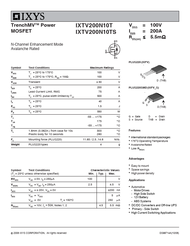 <?=IXTV200N10T?> डेटा पत्रक पीडीएफ