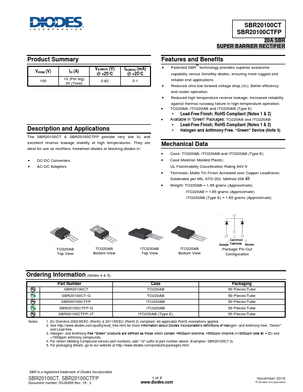 SBR20100CT Diodes Incorporated