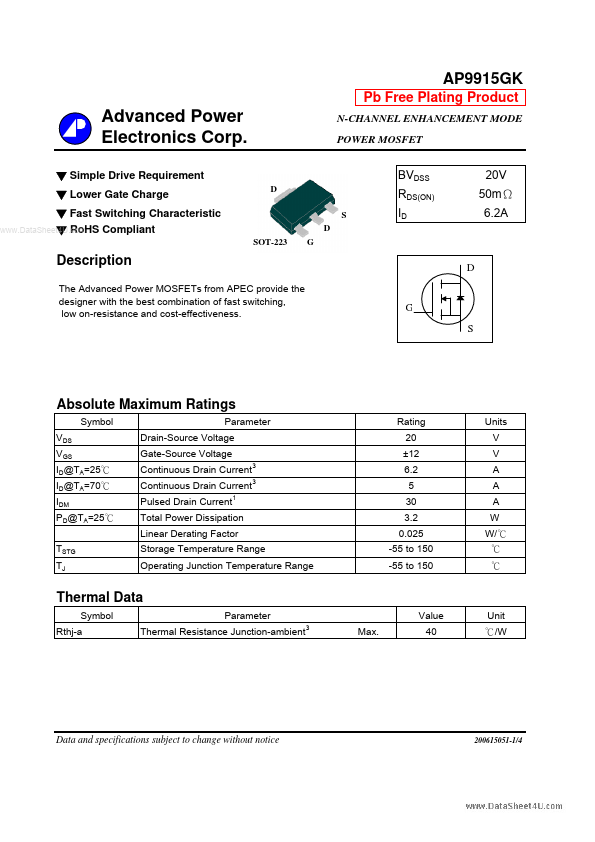 AP9915GK Advanced Power Electronics