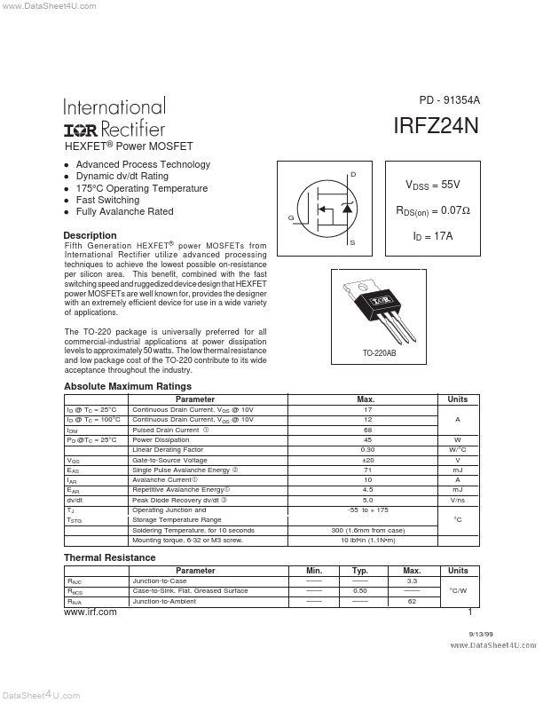 <?=IRFZ24N?> डेटा पत्रक पीडीएफ