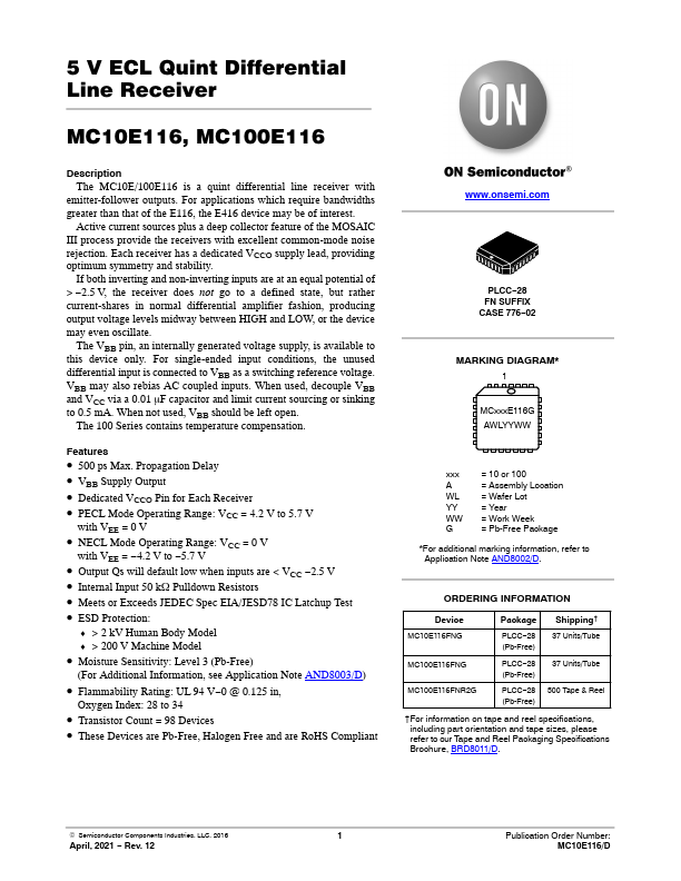 MC100E116 ON Semiconductor