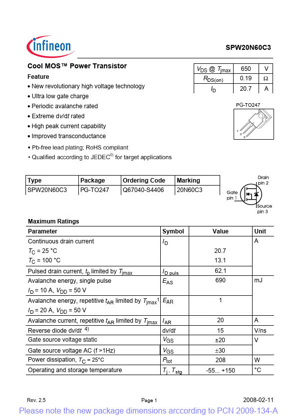 SPW20N60C3 Infineon Technologies