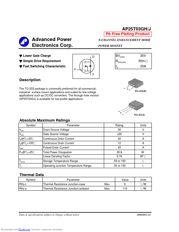 AP25T03GJ Advanced Power Electronics