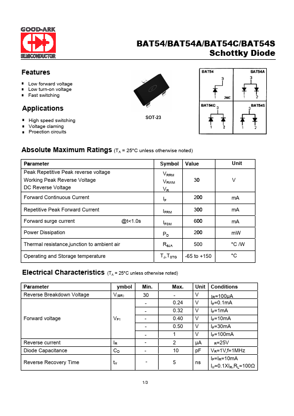 BAT54 Diode Datasheet pdf - Schottky Diode. Equivalent, Catalog
