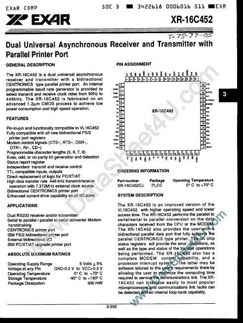<?=XR16C452?> डेटा पत्रक पीडीएफ