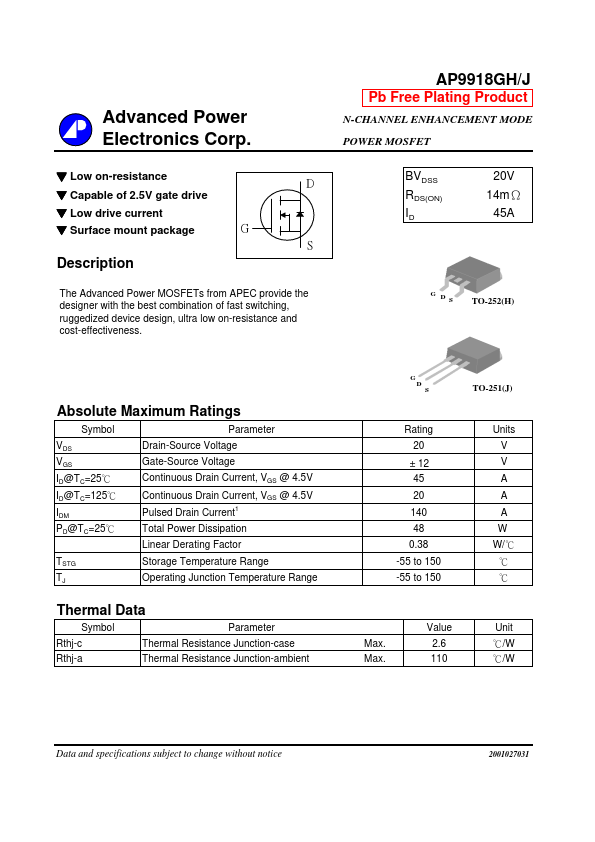 AP9918GJ Advanced Power Electronics