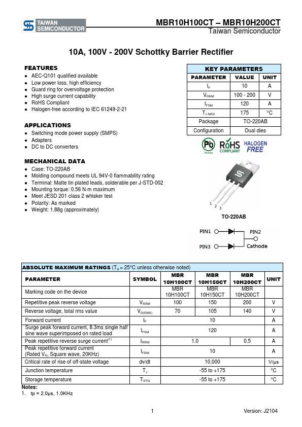 MBR10H200CT Taiwan Semiconductor