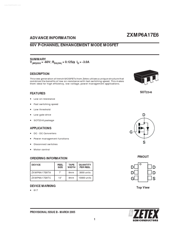 ZXMP6A17E6 Zetex Semiconductors