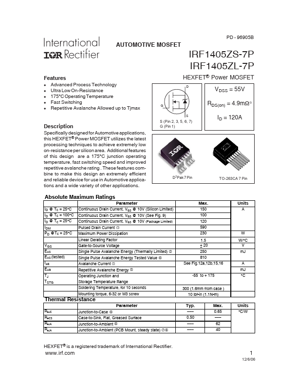 <?=IRF1405ZL-7P?> डेटा पत्रक पीडीएफ