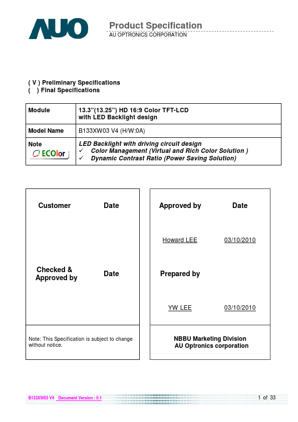 B133XW03-V4 AUO