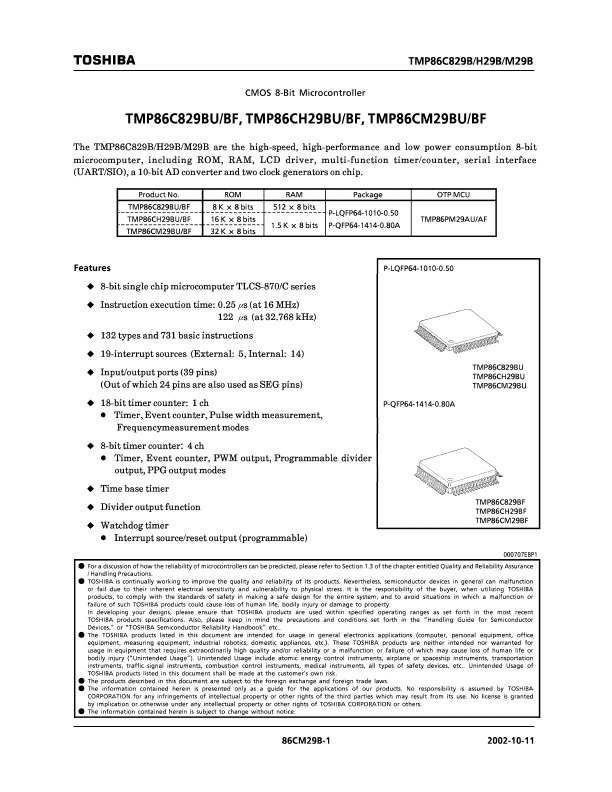 TMP86CH29BU Toshiba Semiconductor