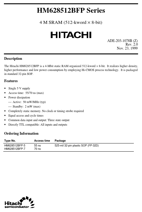 HM628512BFP Hitachi Semiconductor