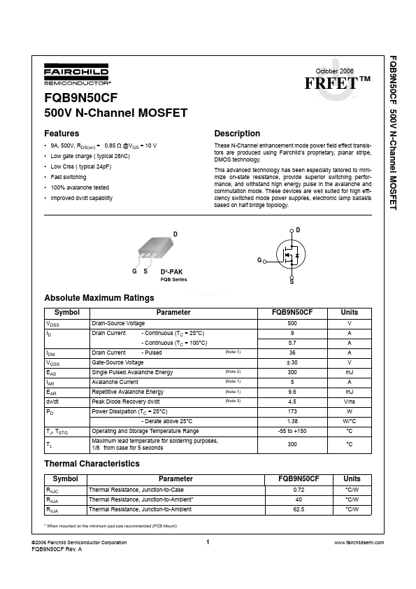 FQB9N50CF Fairchild Semiconductor